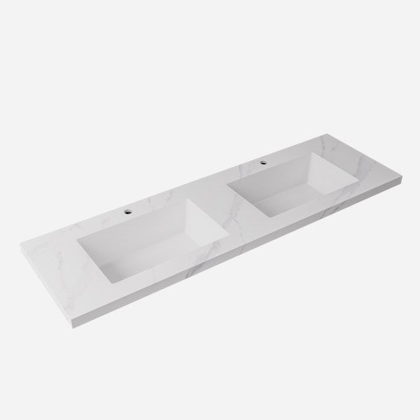 Carrara White Sintered Stone Top - 1500mm Double Bowl Tap Hole