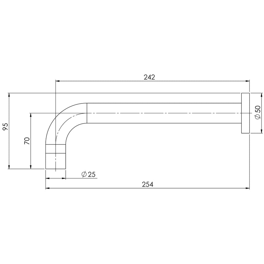 Phoenix Vivid Wall Basin Outlet 250mm Curved Chrome, technical line drawing with dimensions