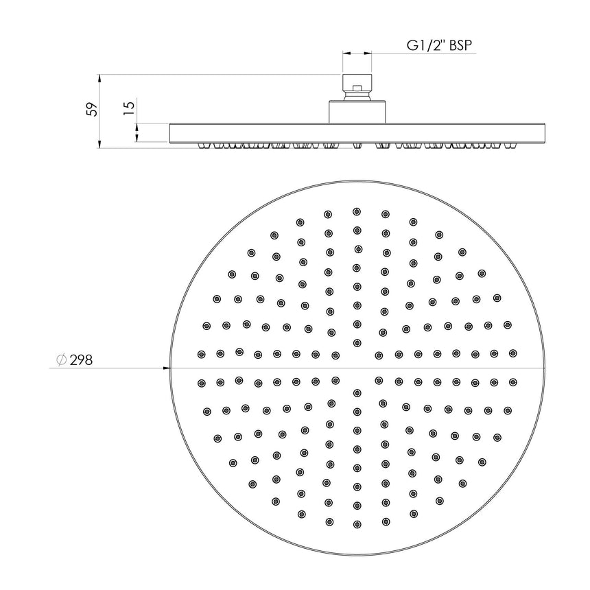 Phoenix Vivid Shower Rose 300mm Round Matte Black, technical line drawing with dimensions