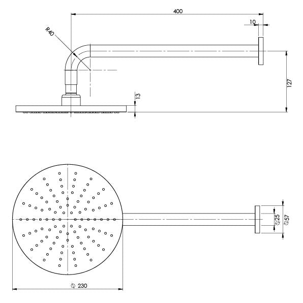 Phoenix Vivid Shower Arm 400mm & 230mm Round Rose Chrome, technical line drawing with dimensions