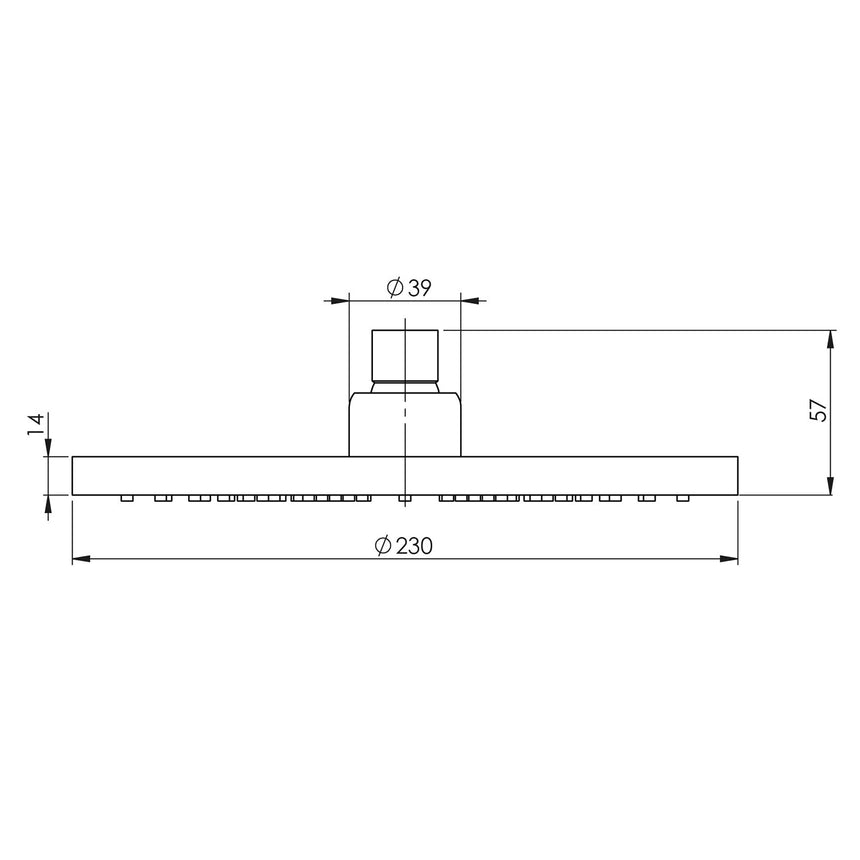 Phoenix Vivid Shower Rose 230mm Round Brushed Gold, technical line drawing with dimensions
