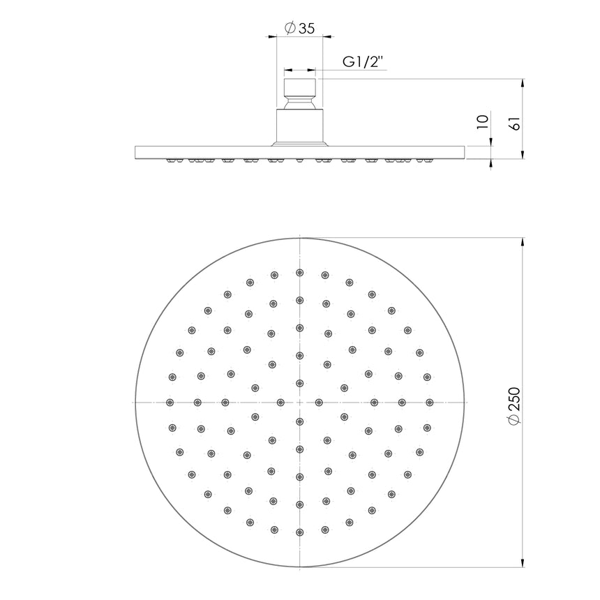 Phoenix Vivid Shower Rose 250mm Round Chrome, technical line drawing with dimensions
