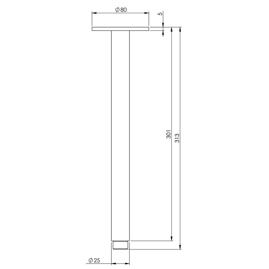 Phoenix Vivid Ceiling Arm 300mm Brushed Carbon, technical line drawing with dimensions