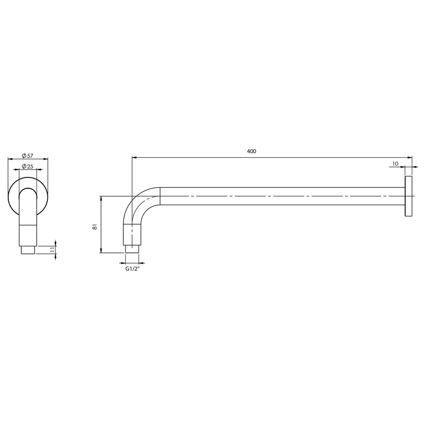 Phoenix Vivid Shower Arm 400mm Round Brushed Gold, technical line drawing with dimensions