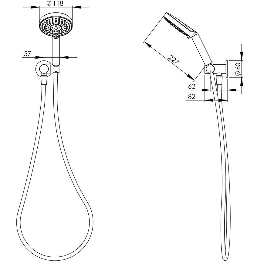 Phoenix Vivid Hand Shower Matte Black, technical line drawing with dimensions