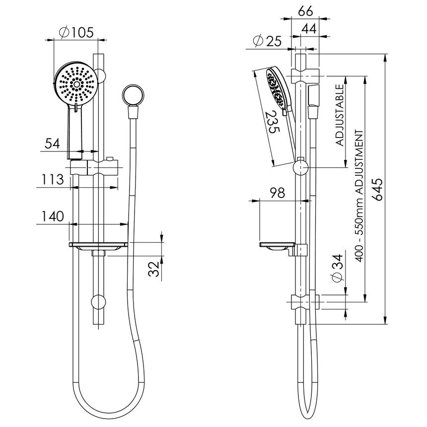 Phoenix Vivid Rail Shower Brushed Gold, technical line drawing with dimensions