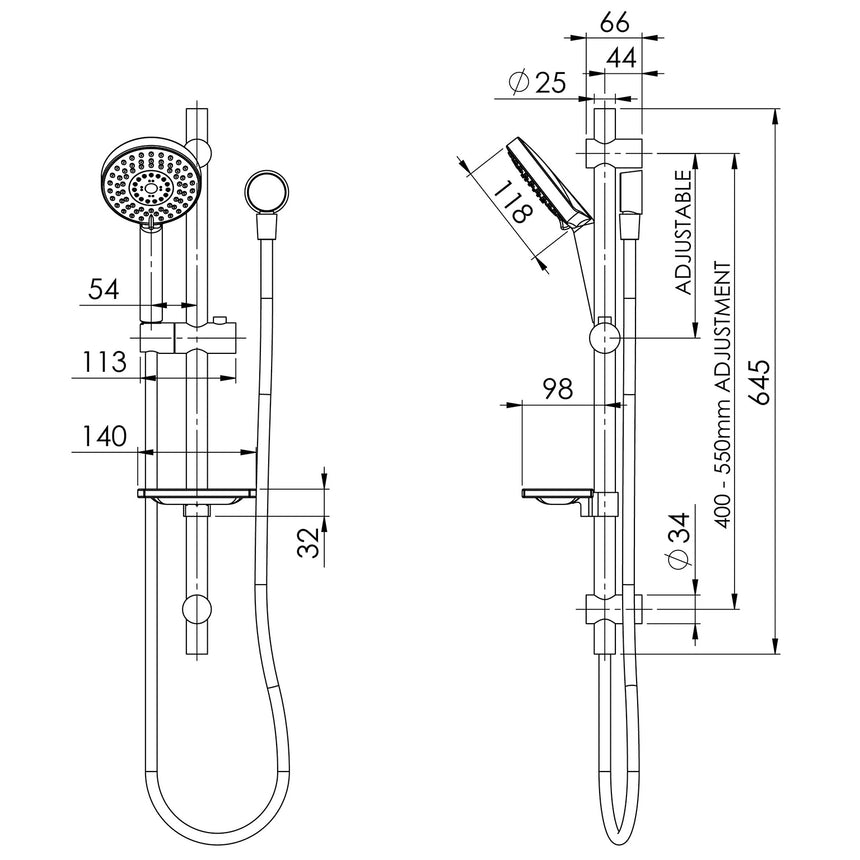 Phoenix Vivid Rail Shower Chrome, technical line drawing with dimensions