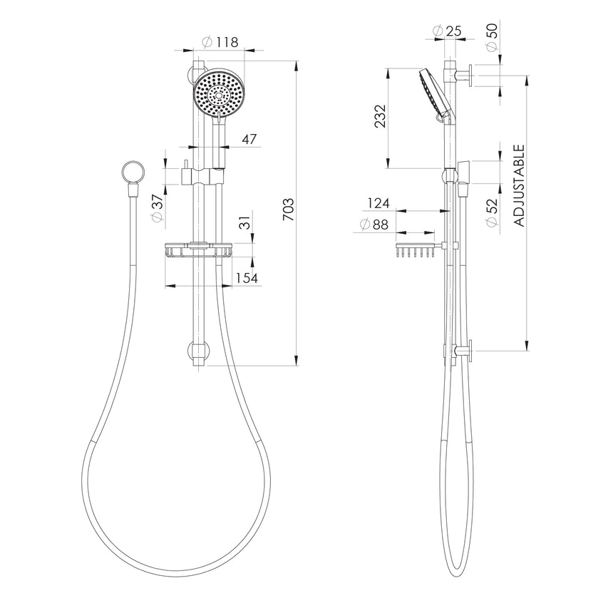 Phoenix Vivid Premium Rail Shower Chrome, technical line drawing with dimensions