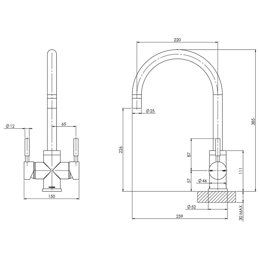 Phoenix Vivid Filtered Sink Mixer 220mm Gooseneck Chrome, technical line drawing with dimensions