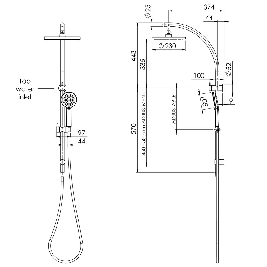 Phoenix Vivid Twin Shower Chrome, technical line drawing with dimensions