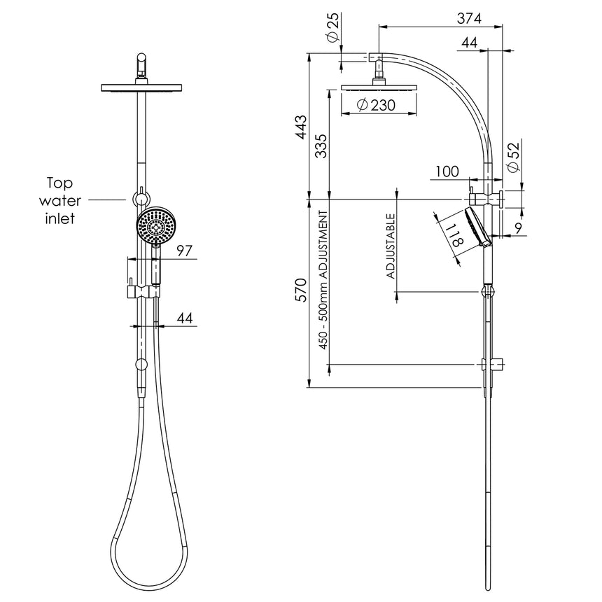 Phoenix Vivid Twin Shower Brushed Gold, technical line drawing with dimensions