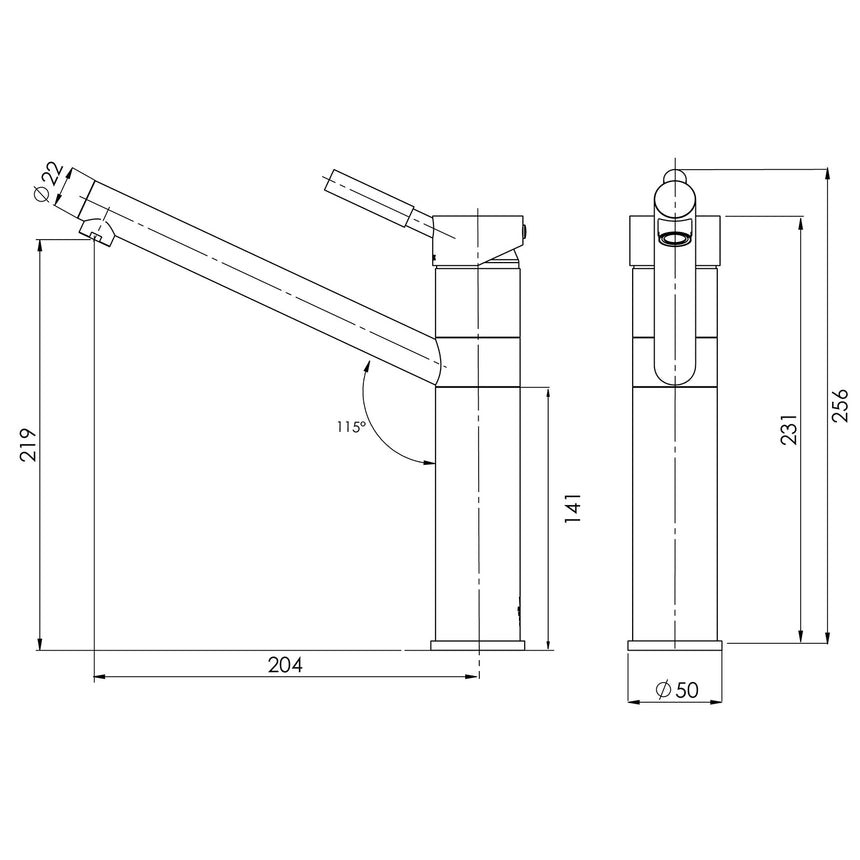 Phoenix Vivid Premium Sink Mixer Chrome, technical line drawing with dimensions