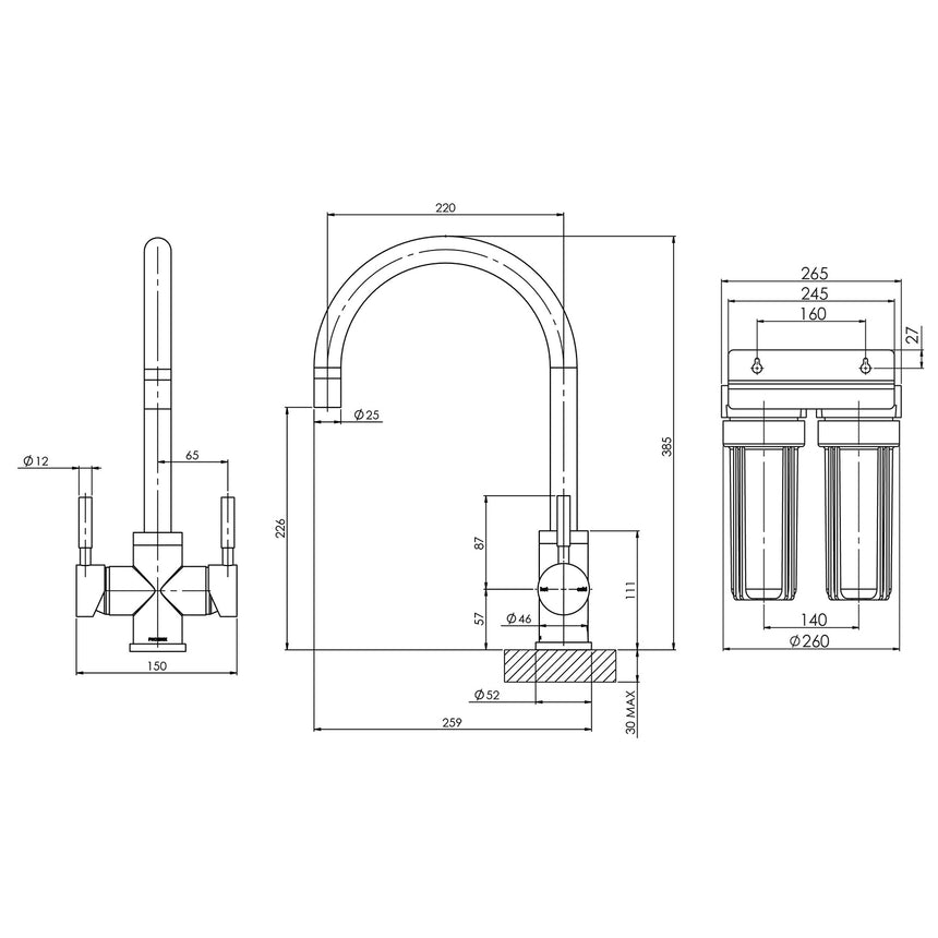 Phoenix Vivid Filtered Sink Mixer 220mm Gooseneck with Filters Chrome, technical line drawing with dimensions
