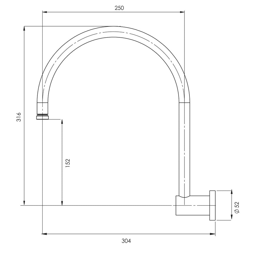 Phoenix Vivid High-Rise Shower Arm Chrome, technical line drawing with dimensions