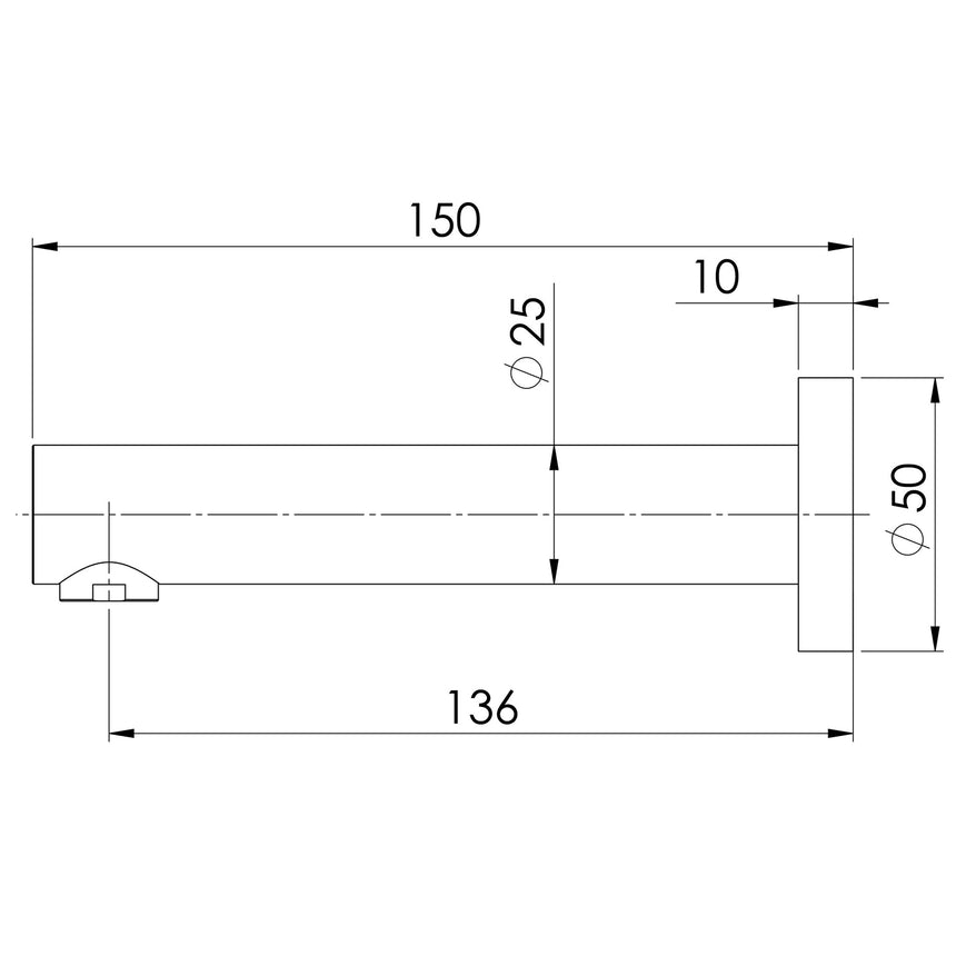 Phoenix Vivid Wall Bath Outlet 150mm Chrome, technical line drawing with dimensions