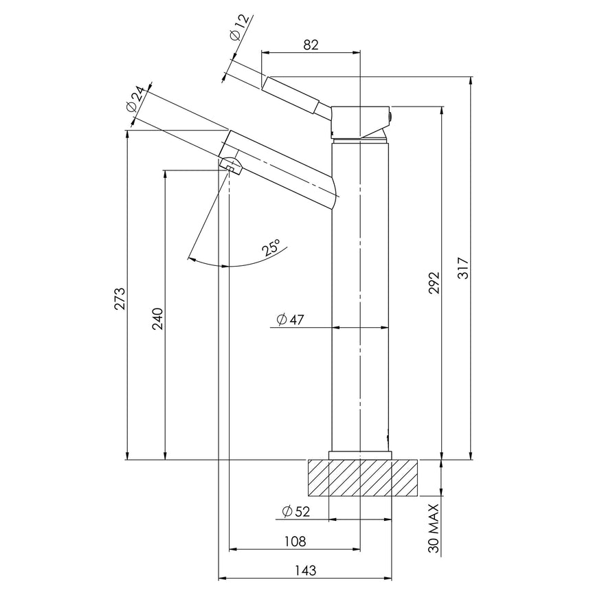 Phoenix Vivid Vessel Mixer Chrome, technical line drawing with dimensions