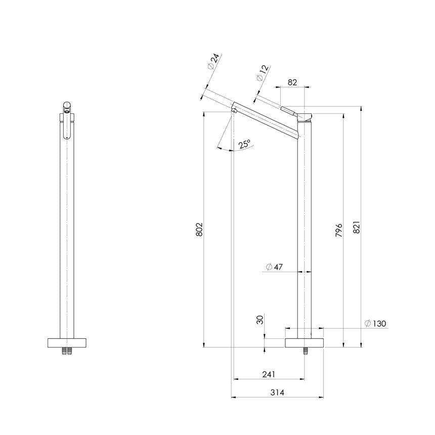 Phoenix Vivid Floor Mounted Bath Mixer Chrome, technical line drawing with dimensions
