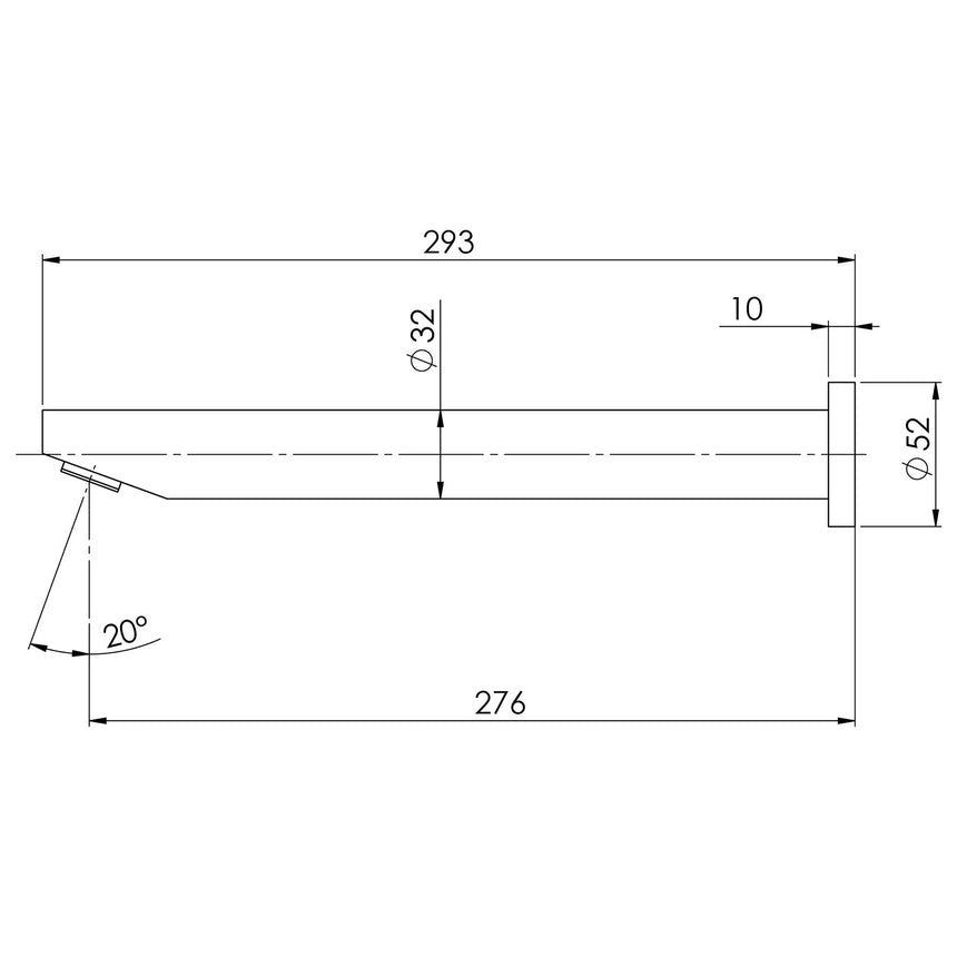 Phoenix Vivid Wall Bath Outlet 32 x 300mm Angled Chrome, technical line drawing with dimensions