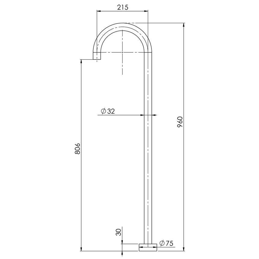 Phoenix Vivid Floor Mounted Bath Outlet 940mm Brushed Nickel, technical line drawing with dimensions