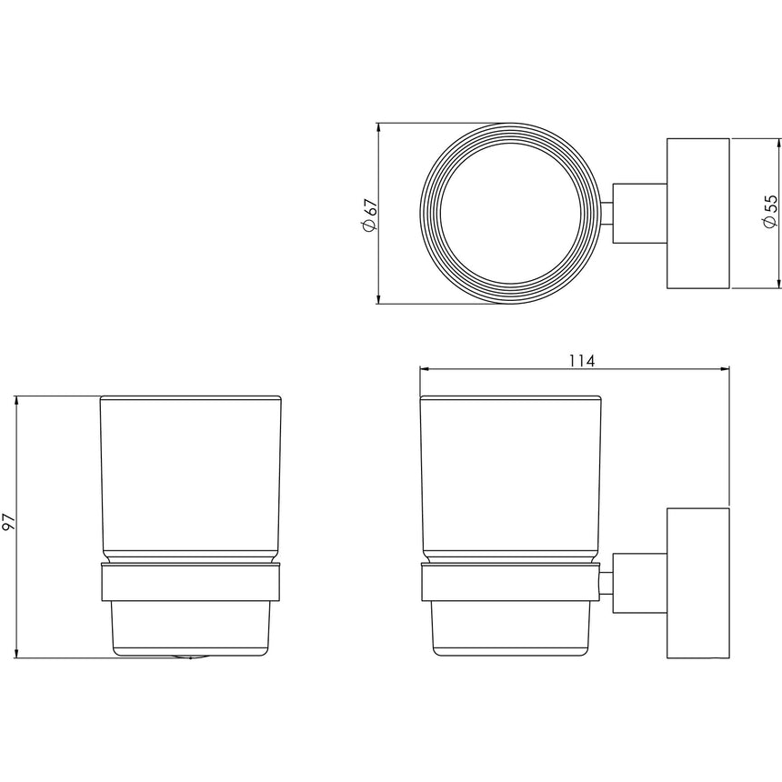 Phoenix Vivid Tumbler & Holder Chrome, technical line drawing with dimensions