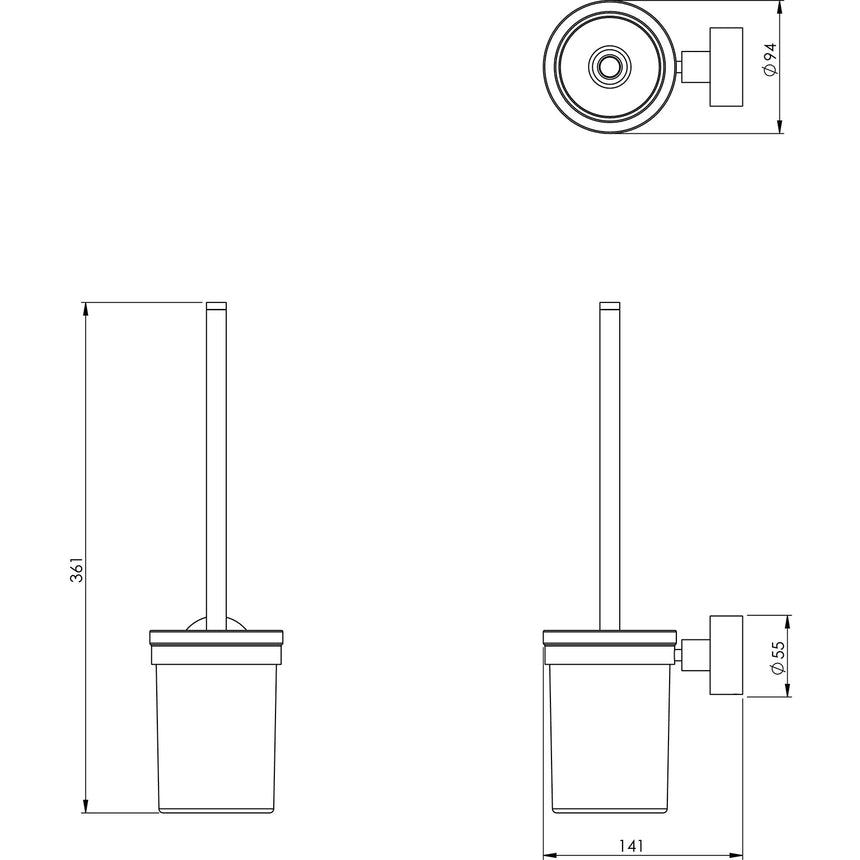Phoenix Vivid Toilet Brush & Holder Chrome, technical line drawing with dimensions