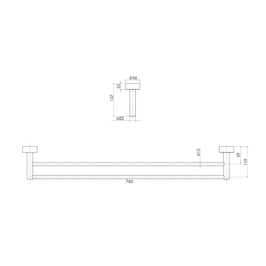 Phoenix Vivid Double Towel Rail 760mm Chrome, technical line drawing with dimensions