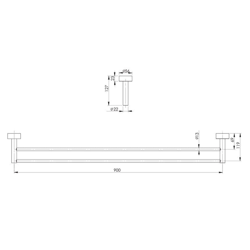 Phoenix Vivid Double Towel Rail 900mm Chrome, technical line drawing with dimensions