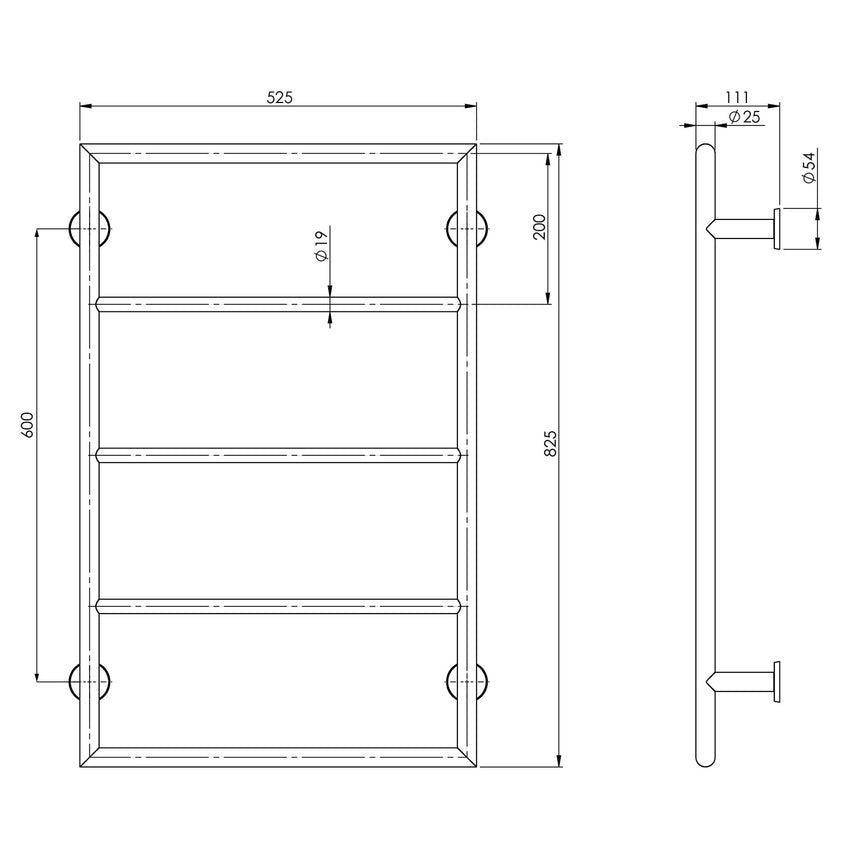 Phoenix Vivid Towel Ladder Chrome, technical line drawing with dimensions