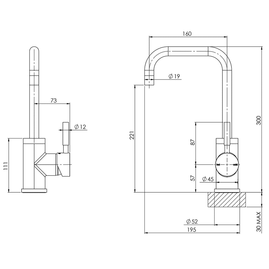 Phoenix Vivid Sink Mixer 160mm Squareline Chrome, technical line drawing with dimensions