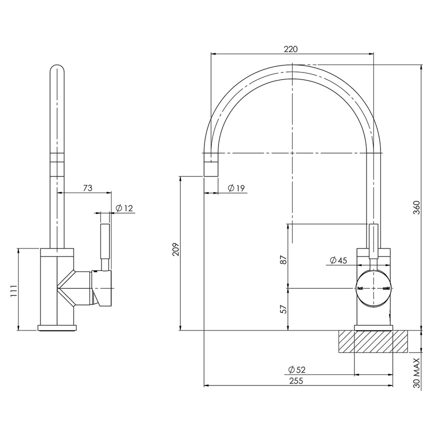 Phoenix Vivid Sink Mixer 220mm Gooseneck Chrome, technical line drawing with dimensions