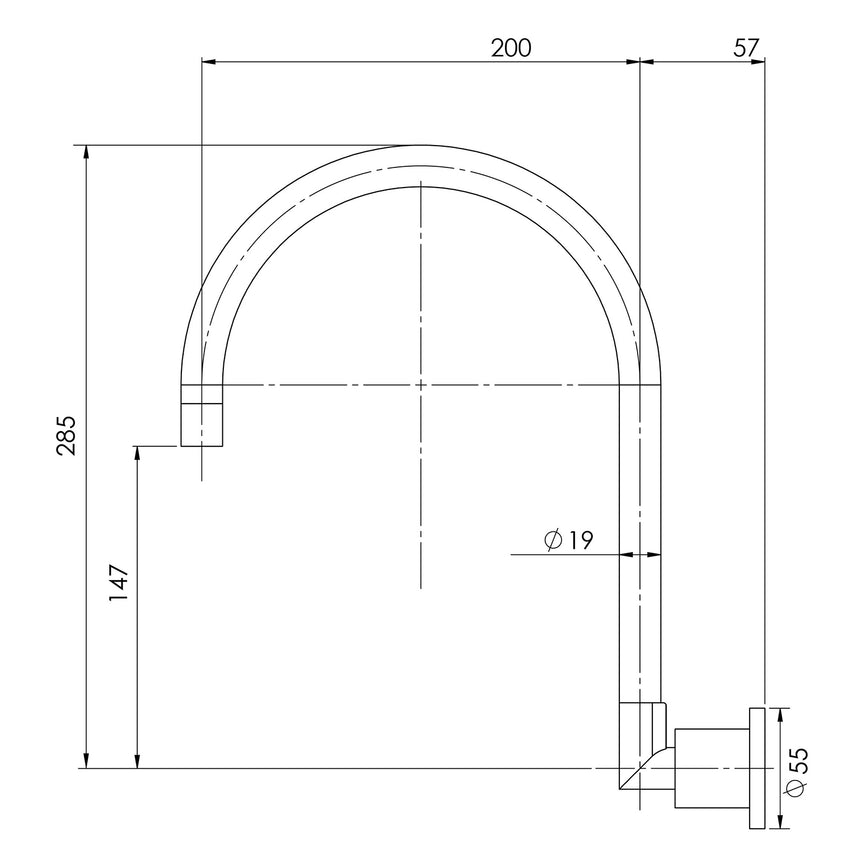 Phoenix Vivid Pin Lever Wall Sink Outlet 200mm Gooseneck Chrome, technical line drawing with dimensions