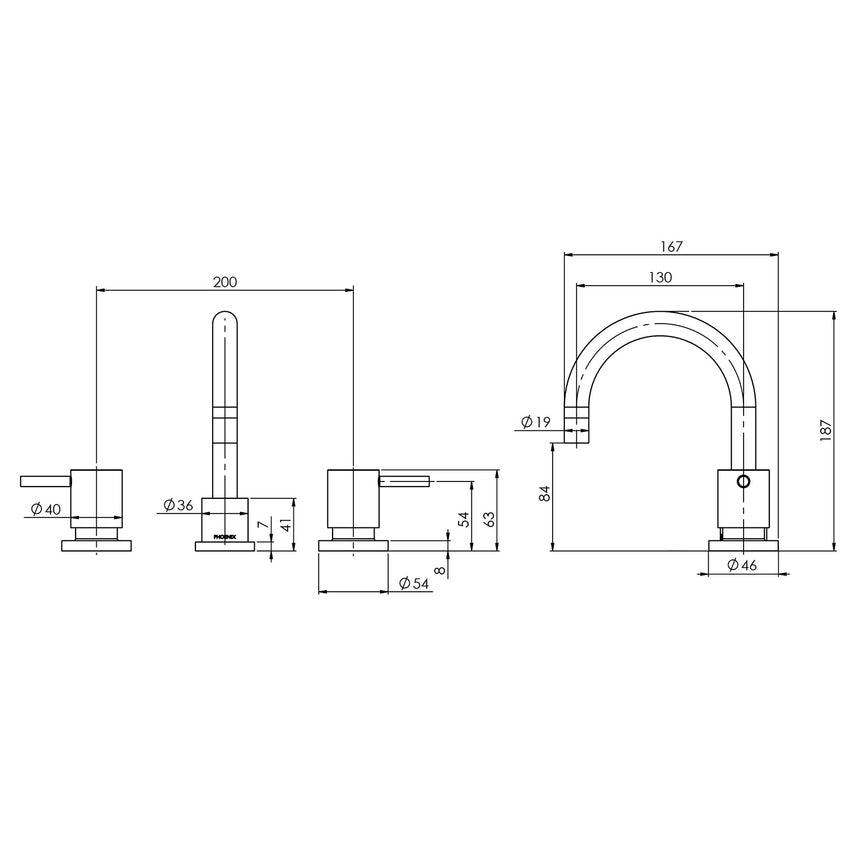 Phoenix Vivid Pin Lever Basin Set Swivel Gooseneck Outlet Chrome, technical line drawing with dimensions