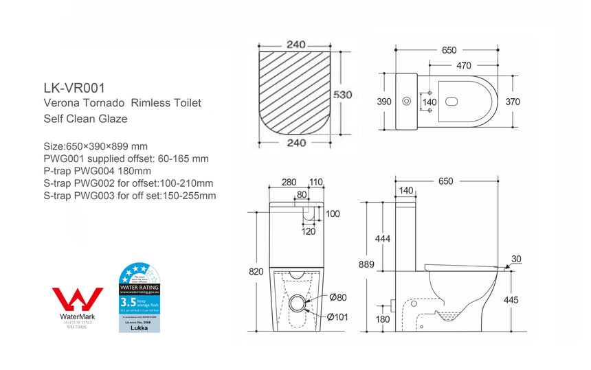 Technical dimensions diagram for Lukka Verona Tornado rimless toilet 650x390x899mm with offset options by Tilemall