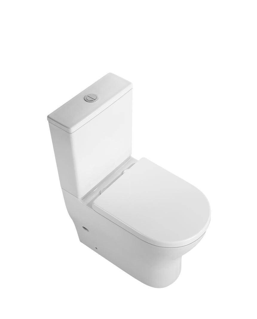 Three-quarter view of Lukka Verona Tornado rimless toilet suite with closed seat by Tilemall