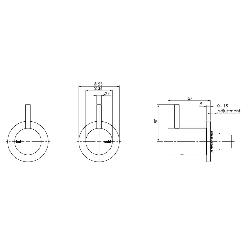Phoenix Vivid Slimline Wall Top Assemblies Brushed Nickel, technical line drawing with dimensions