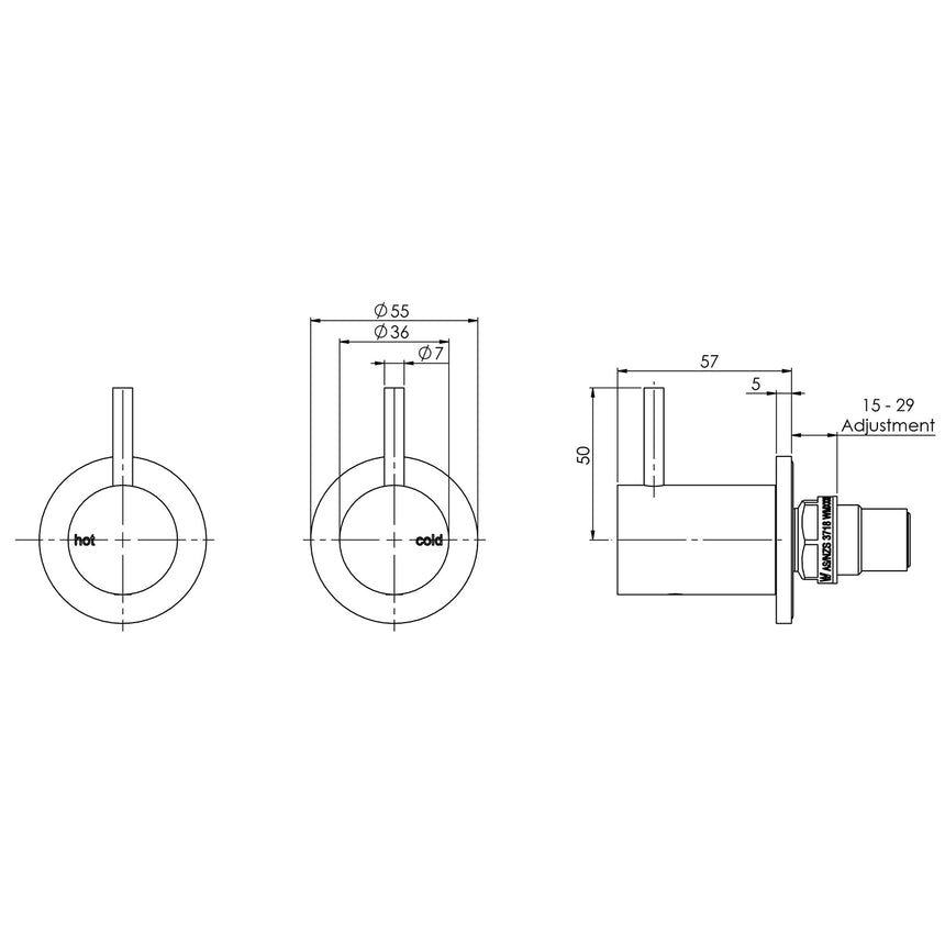 Phoenix Vivid Slimline Wall Top Assemblies 15mm Extended Spindles Chrome, technical line drawing with dimensions