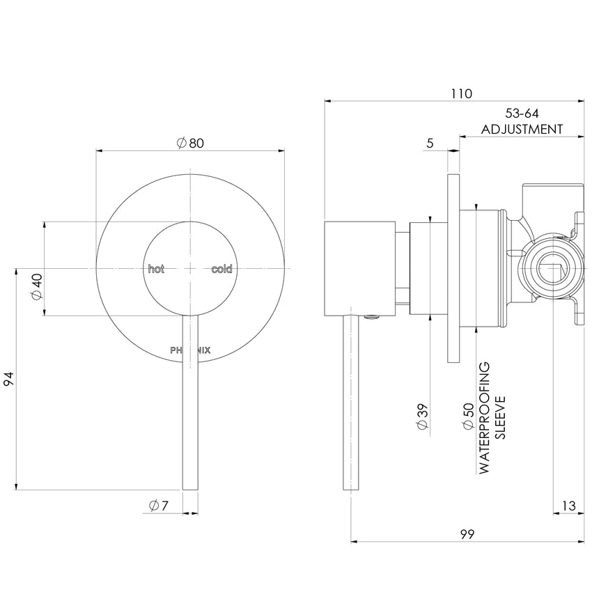 Phoenix Vivid Slimline SwitchMix Shower / Wall Mixer Brushed Nickel, technical line drawing with dimensions