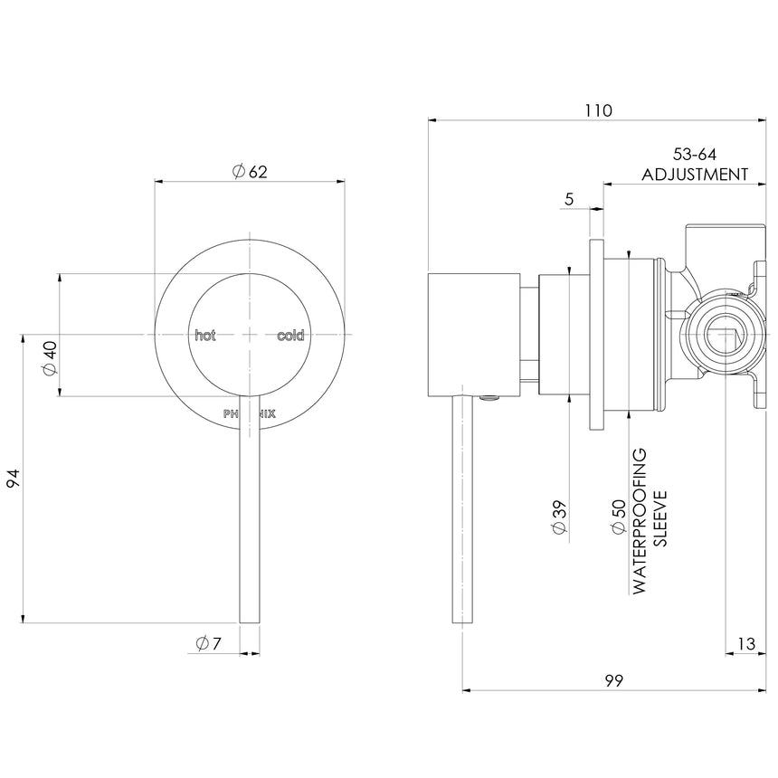 Phoenix Vivid Slimline SwitchMix Shower / Wall Mixer 60mm Backplate Chrome, technical line drawing with dimensions