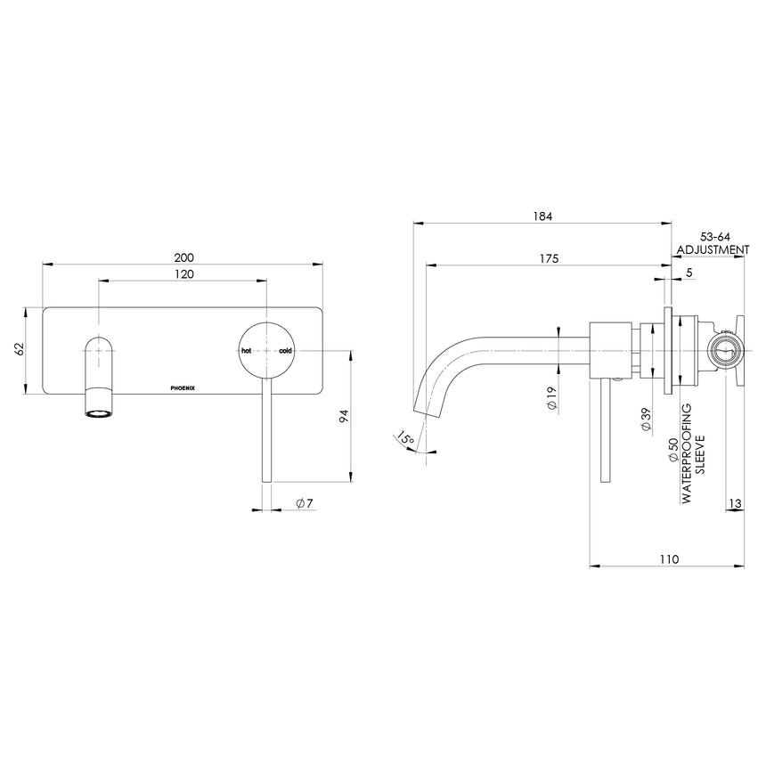 Phoenix Vivid Slimline SwitchMix Wall Basin / Bath Mixer Set 180mm Fit-Off Kit Chrome, technical line drawing with dimensions