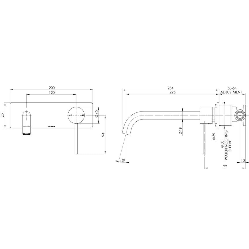 Phoenix Vivid Slimline SwitchMix Wall Basin/Bath Mixer Set 60mm Backplates Brushed Carbon, technical line drawing with dimensions