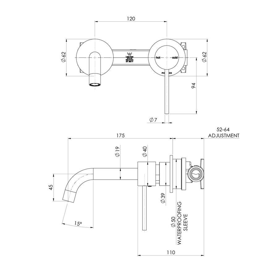 Phoenix Vivid Slimline SwitchMix Wall Basin/Bath Mixer Set 60mm Backplates Brushed Carbon, technical line drawing with dimensions