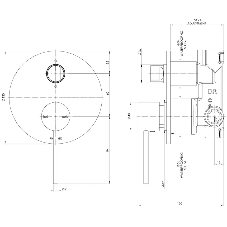 Phoenix Vivid Slimline SwitchMix Shower / Bath Diverter Mixer Fit-Off Kit Chrome, technical line drawing with dimensions