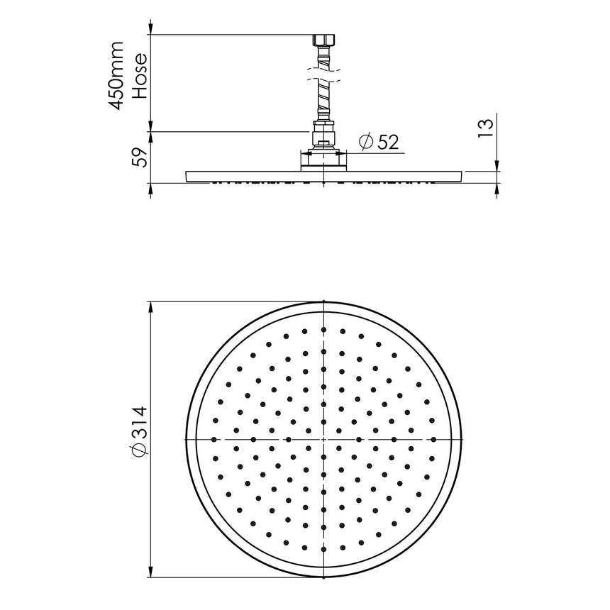 Phoenix Vivid Slimline Flush Mount Ceiling Shower 300mm Round Chrome, technical line drawing with dimensions