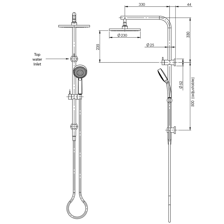 Phoenix Vivid Slimline Twin Shower Chrome, technical line drawing with dimensions