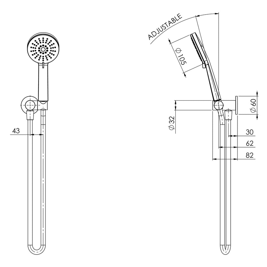 Phoenix Vivid Slimline Hand Shower Chrome, technical line drawing with dimensions