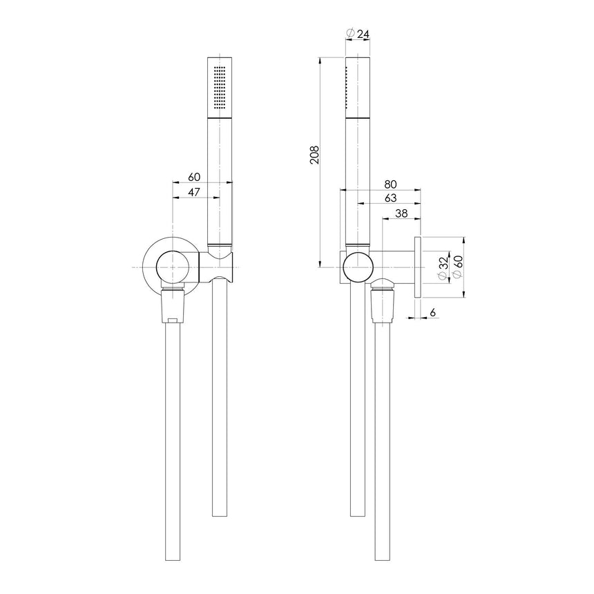 Phoenix Vivid Slimline Microphone Hand Shower Brushed Nickel, technical line drawing with dimensions
