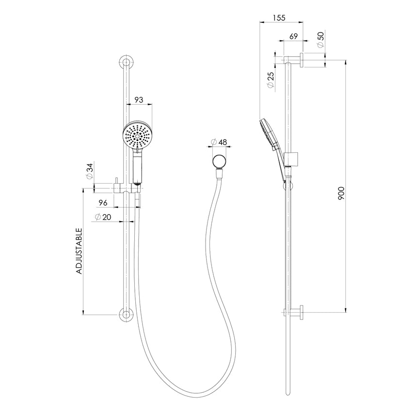 Phoenix Vivid Slimline Extended Rail Shower Matte Black, technical line drawing with dimensions