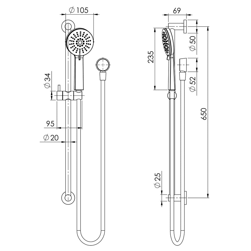 Phoenix Vivid Slimline Rail Shower Chrome, technical line drawing with dimensions