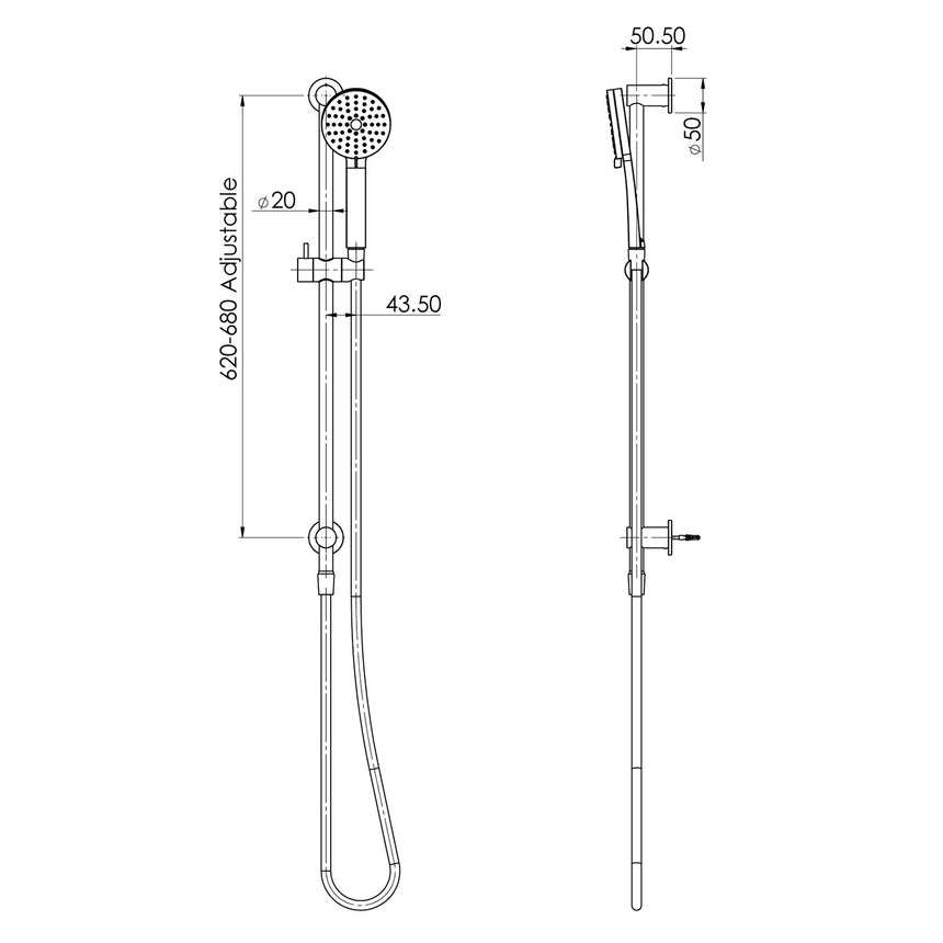 Phoenix Vivid Slimline Water Through Rail Shower Brushed Nickel, technical line drawing with dimensions