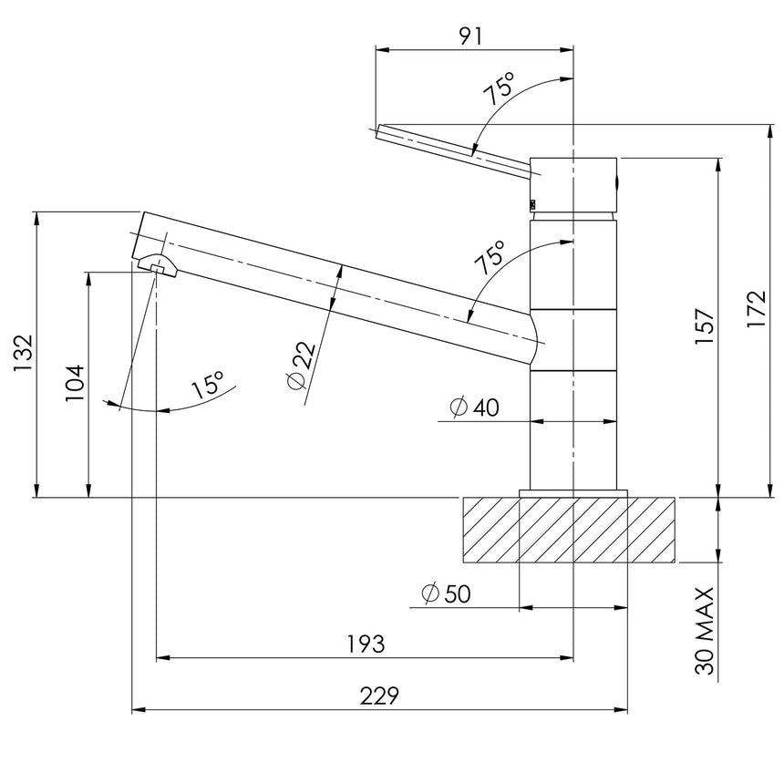Phoenix Vivid Slimline Sink Mixer 190mm Chrome, technical line drawing with dimensions